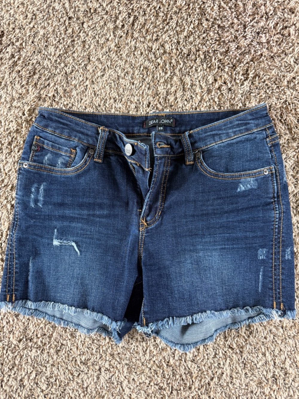 Dear John Indigo Distressed Denim Shorts with Frayed Hem